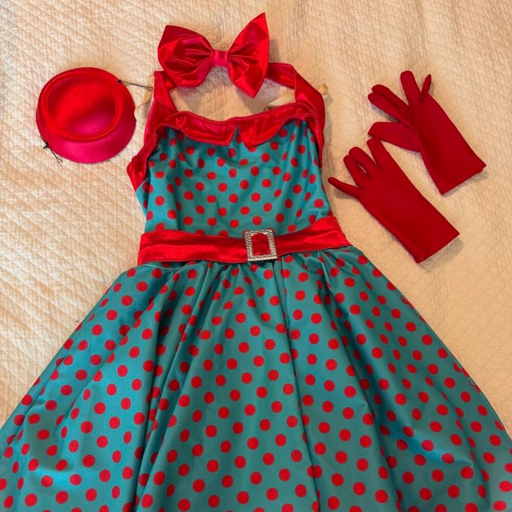 Weissman teal and red swing costume with hairpiece and gloves - size MC